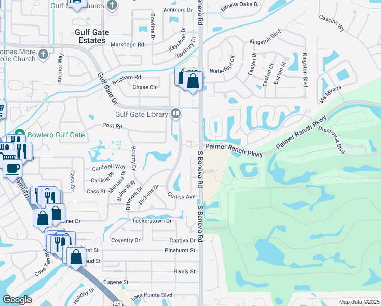 map of restaurants, bars, coffee shops, grocery stores, and more near 7205 Curtiss Avenue in Sarasota