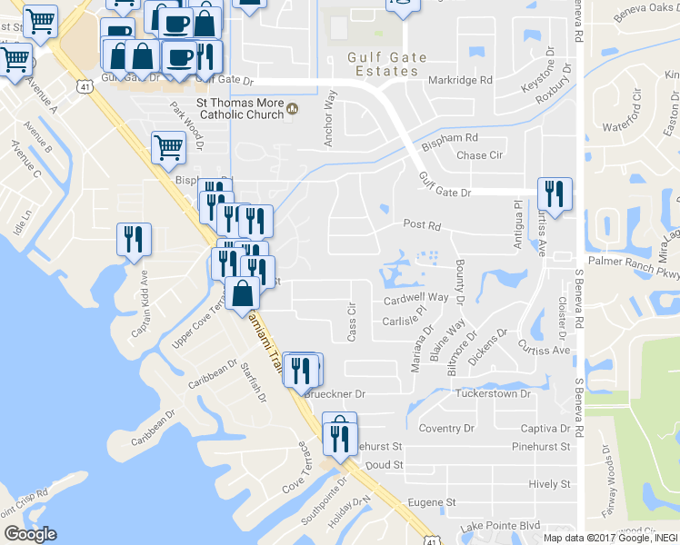 map of restaurants, bars, coffee shops, grocery stores, and more near 2159 Cass Street in Sarasota
