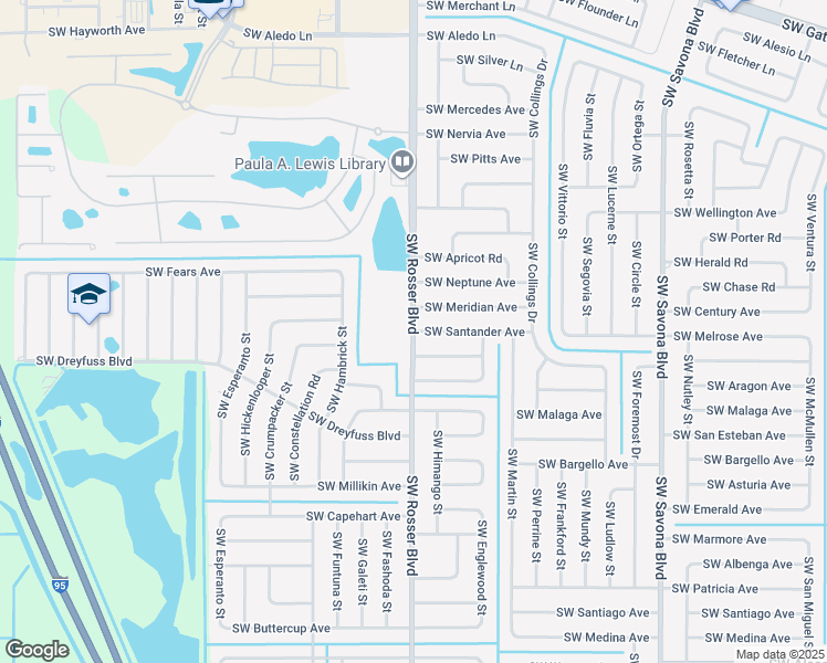map of restaurants, bars, coffee shops, grocery stores, and more near SW Rosser Blvd & SW Santander Ave in Port St. Lucie