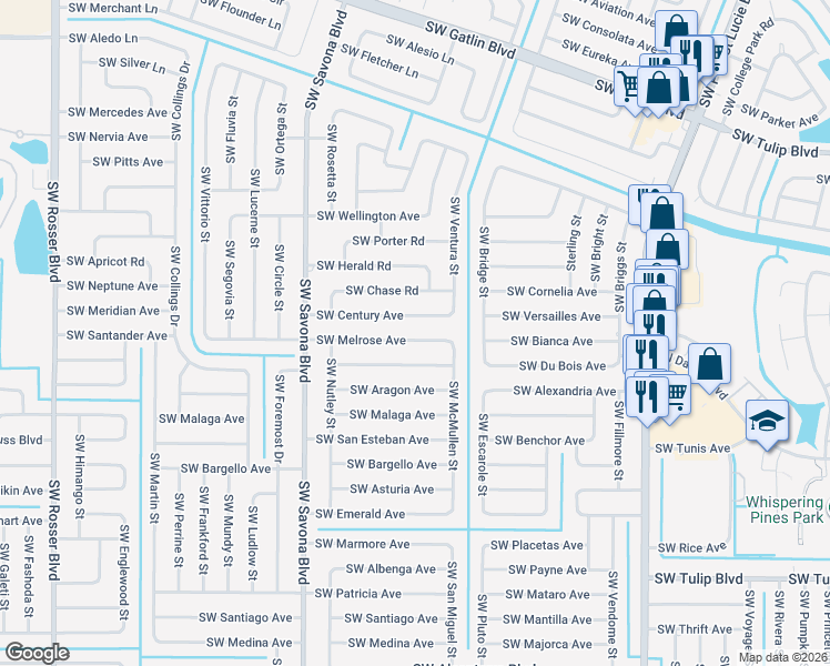 map of restaurants, bars, coffee shops, grocery stores, and more near 1266 Southwest Melrose Avenue in Port St. Lucie