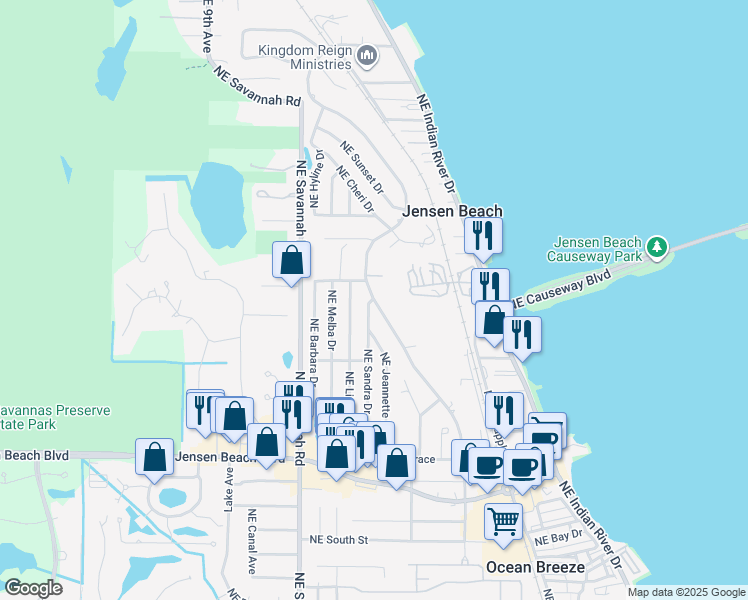 map of restaurants, bars, coffee shops, grocery stores, and more near 3879 Northeast Skyline Drive in Jensen Beach