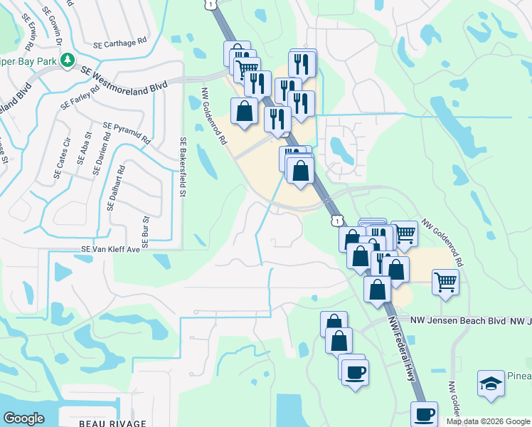 map of restaurants, bars, coffee shops, grocery stores, and more near 3592 Northwest Adriatic Lane in Jensen Beach