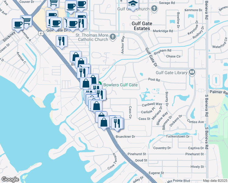 map of restaurants, bars, coffee shops, grocery stores, and more near 2312 Springsong Drive in Sarasota