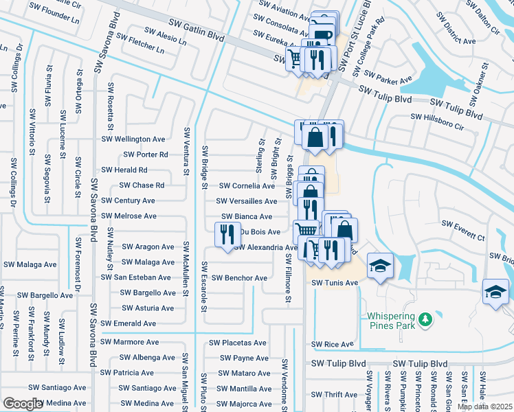 map of restaurants, bars, coffee shops, grocery stores, and more near 1010 Southwest Cornelia Avenue in Port St. Lucie