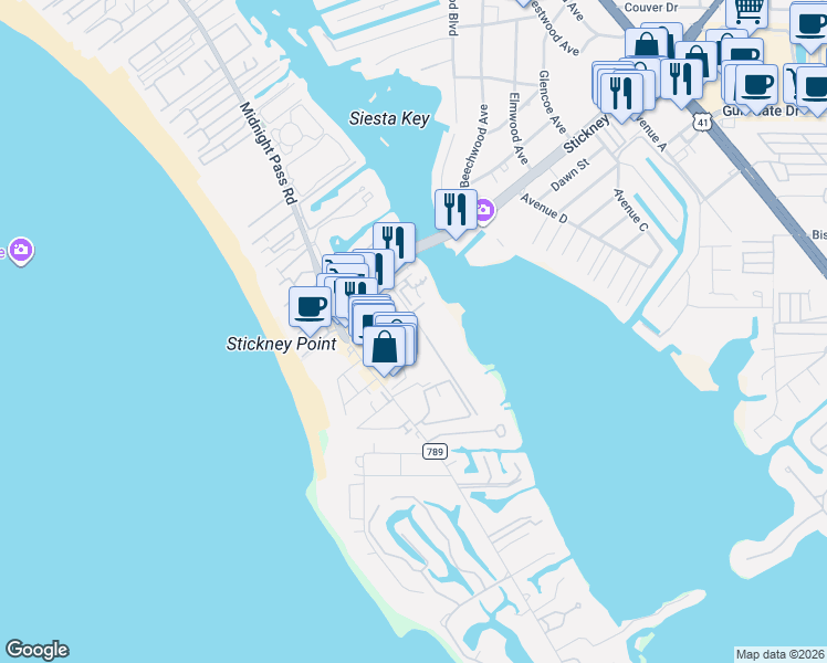 map of restaurants, bars, coffee shops, grocery stores, and more near 6539 Peacock Road in Sarasota