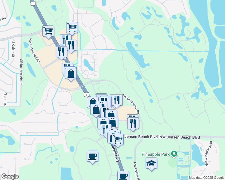 map of restaurants, bars, coffee shops, grocery stores, and more near NW Goldenrod Rd in Jensen Beach