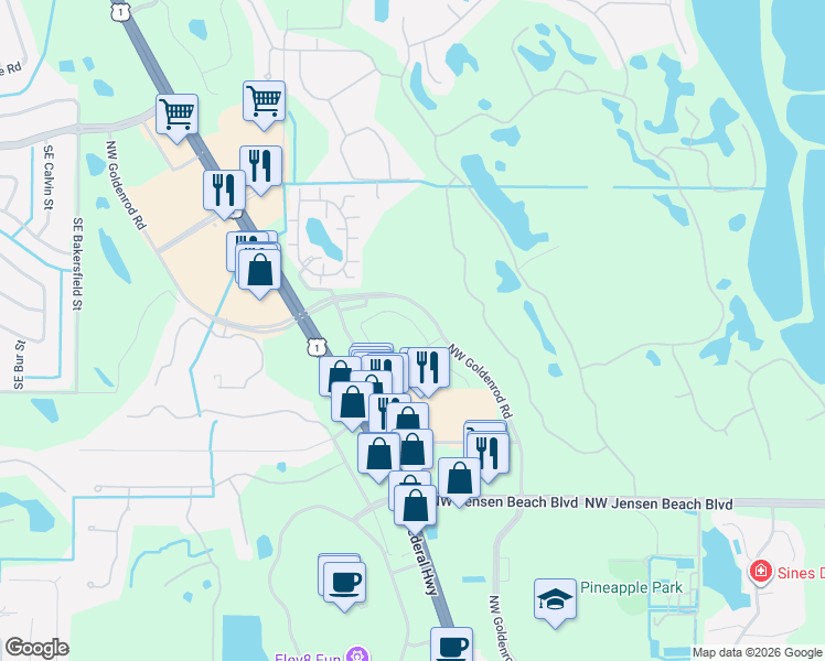 map of restaurants, bars, coffee shops, grocery stores, and more near NW Goldenrod Rd in Jensen Beach