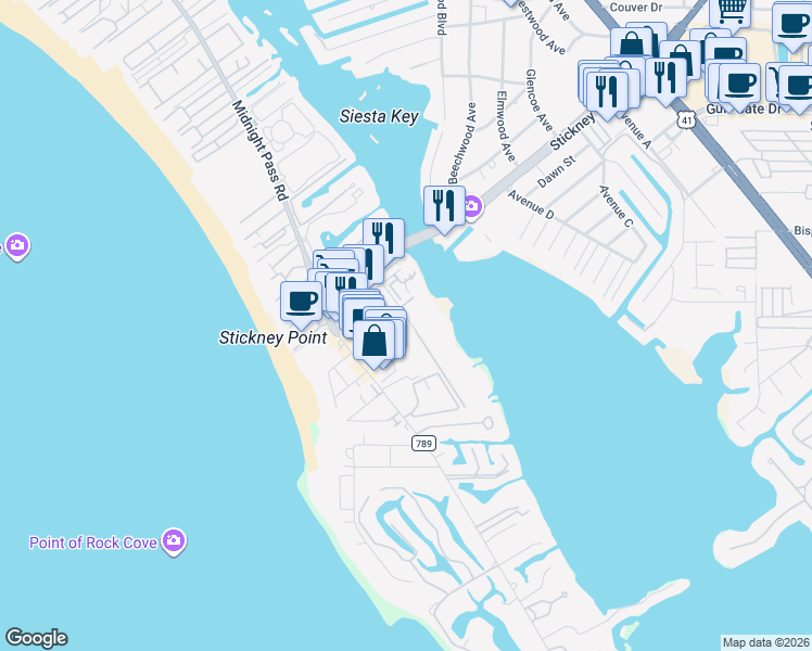 map of restaurants, bars, coffee shops, grocery stores, and more near 6539 Peacock Road in Sarasota