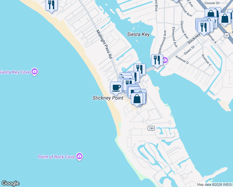 map of restaurants, bars, coffee shops, grocery stores, and more near in Siesta Key