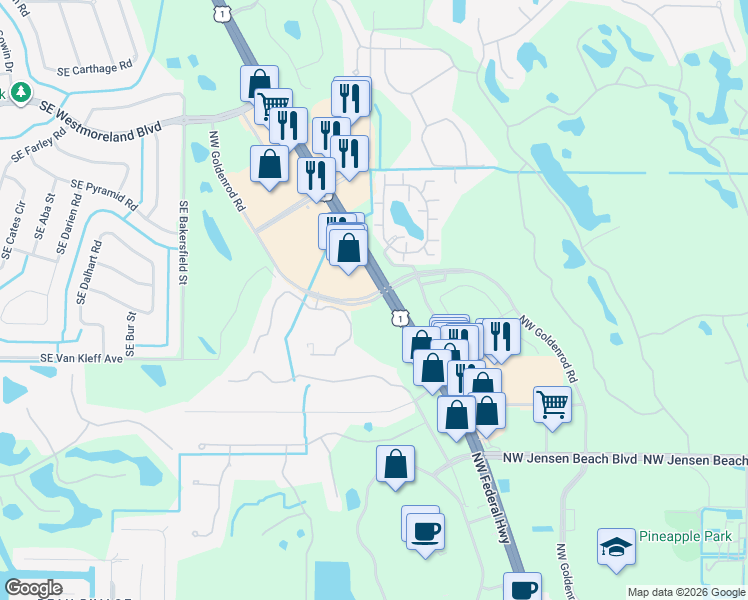 map of restaurants, bars, coffee shops, grocery stores, and more near Northwest Goldenrod Road in Jensen Beach