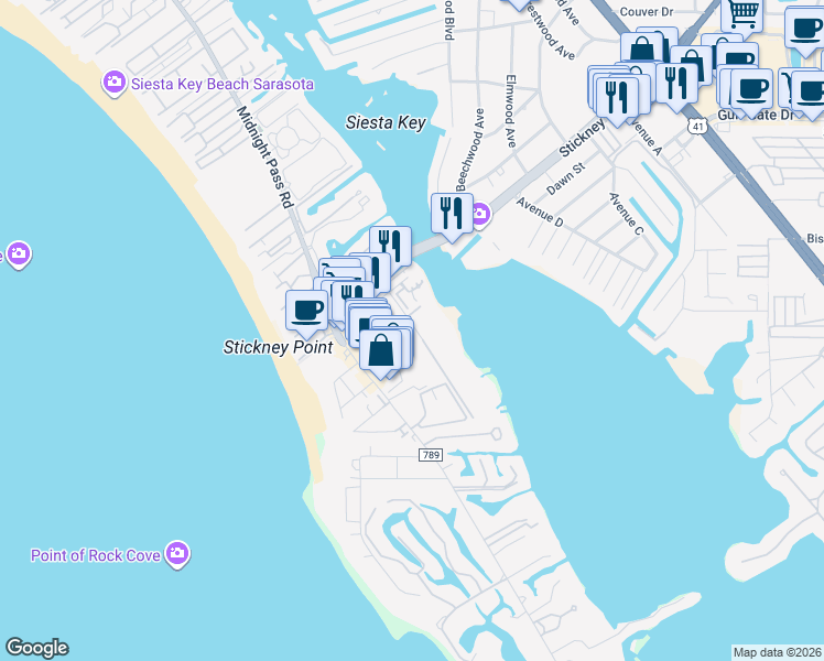 map of restaurants, bars, coffee shops, grocery stores, and more near 6534 Peacock Road in Sarasota