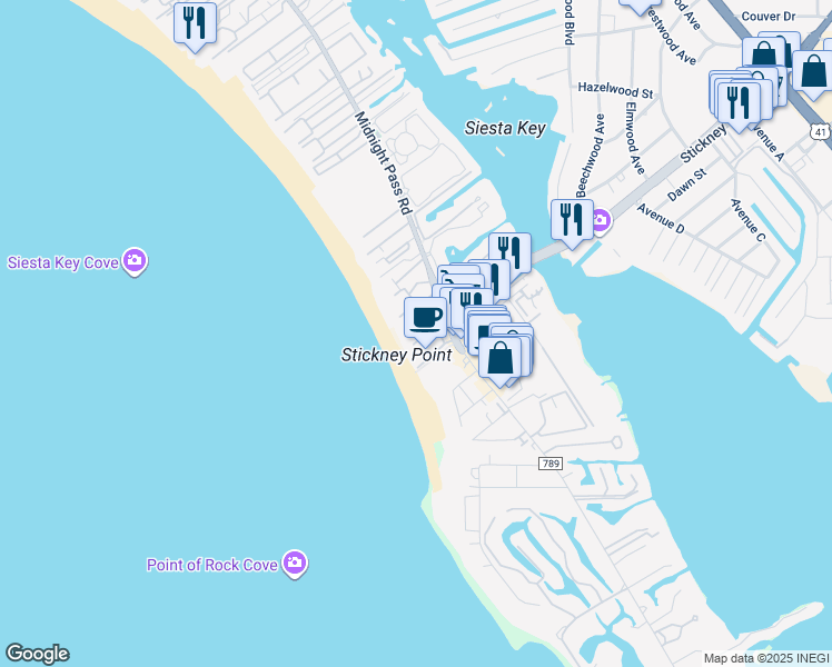 map of restaurants, bars, coffee shops, grocery stores, and more near in Siesta Key