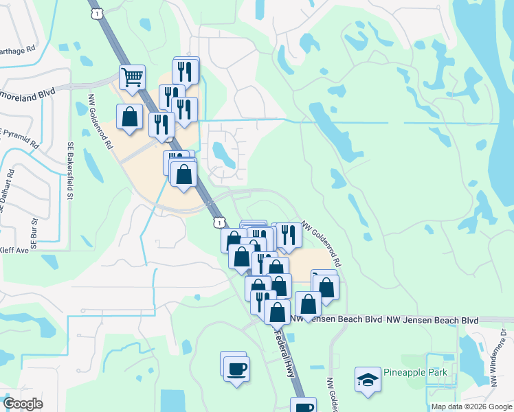 map of restaurants, bars, coffee shops, grocery stores, and more near Northwest Goldenrod Road in Jensen Beach