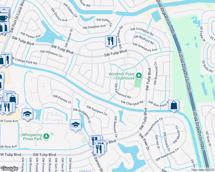 map of restaurants, bars, coffee shops, grocery stores, and more near 325 Southwest Cherryhill Road in Port St. Lucie