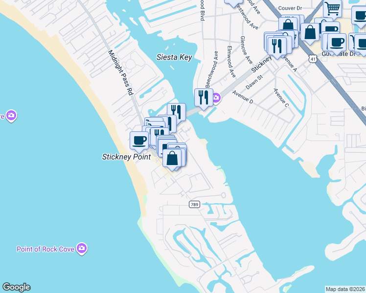 map of restaurants, bars, coffee shops, grocery stores, and more near 1266 Old Stickney Point Road in Sarasota