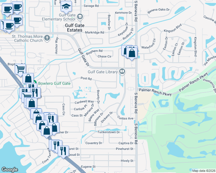 map of restaurants, bars, coffee shops, grocery stores, and more near 3130 Post Road in Sarasota