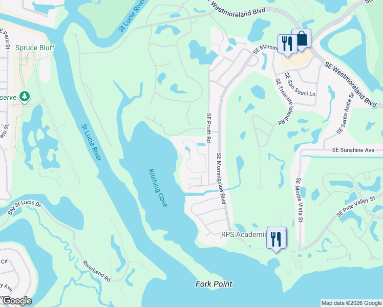 map of restaurants, bars, coffee shops, grocery stores, and more near 3100 Southeast Pruitt Road in Port St. Lucie