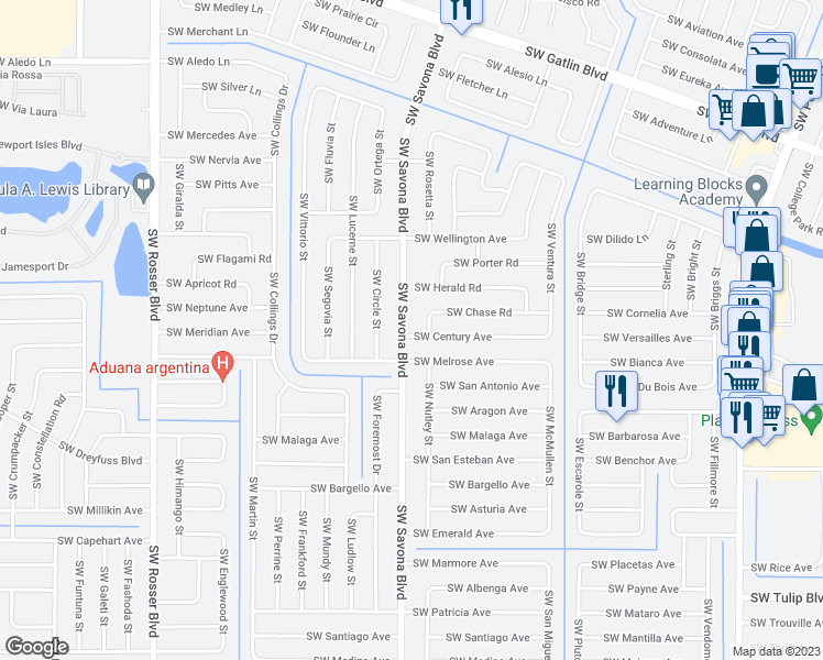 map of restaurants, bars, coffee shops, grocery stores, and more near 1397 Southwest Century Avenue in Port St. Lucie