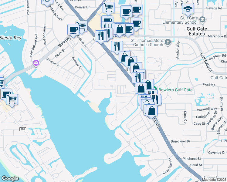 map of restaurants, bars, coffee shops, grocery stores, and more near 1880 Roland Street in Sarasota