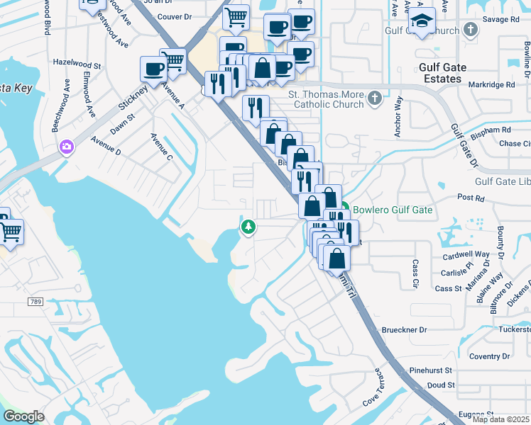 map of restaurants, bars, coffee shops, grocery stores, and more near 1919 Buccaneer Drive in Sarasota