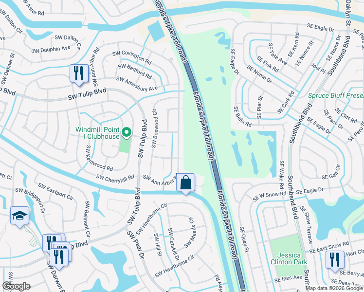 map of restaurants, bars, coffee shops, grocery stores, and more near 3073 Southwest Ann Arbor Road in Port St. Lucie