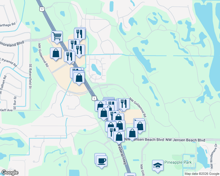map of restaurants, bars, coffee shops, grocery stores, and more near Northwest Goldenrod Road in Jensen Beach