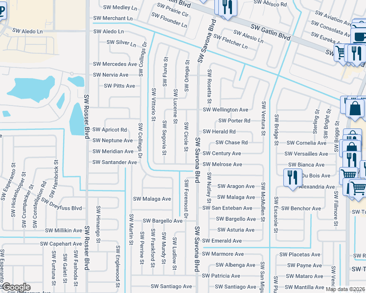 map of restaurants, bars, coffee shops, grocery stores, and more near 3071 Southwest Circle Street in Port St. Lucie