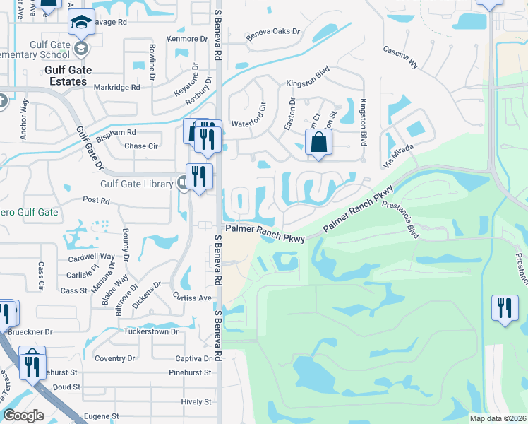 map of restaurants, bars, coffee shops, grocery stores, and more near 7176 Rue De Palisades in Sarasota