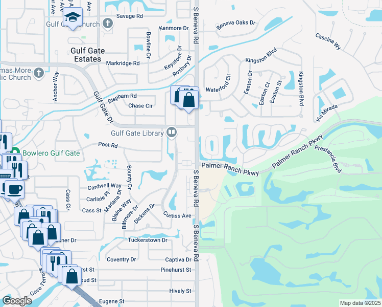 map of restaurants, bars, coffee shops, grocery stores, and more near 7130 South Beneva Road in Sarasota