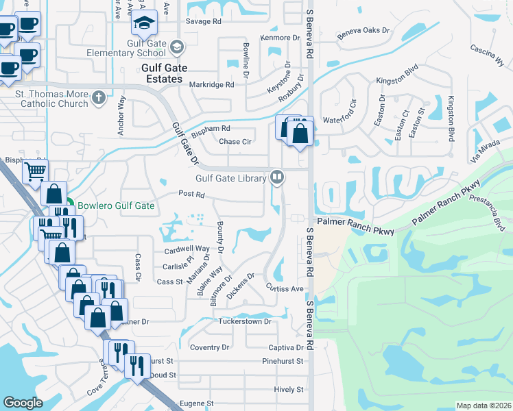 map of restaurants, bars, coffee shops, grocery stores, and more near 3130 Post Road in Sarasota