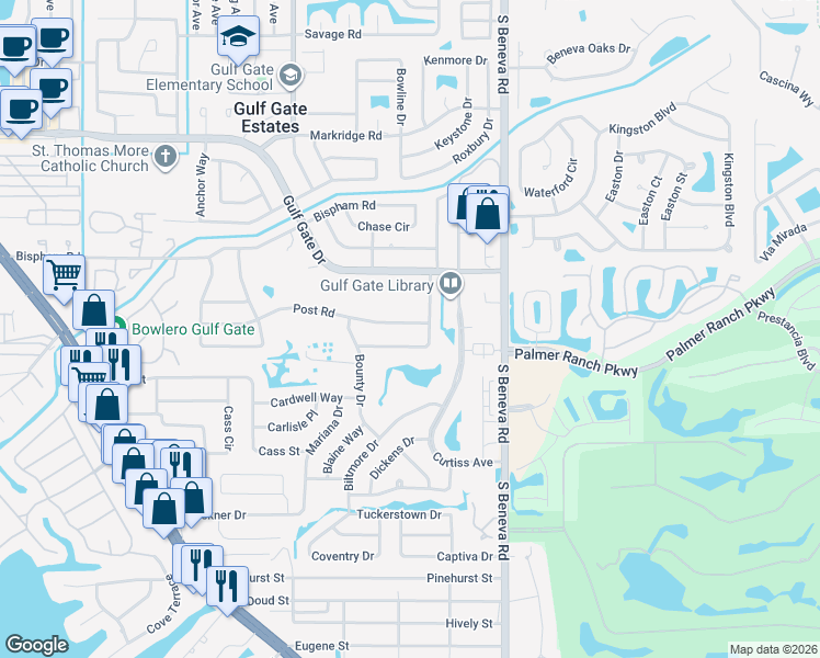 map of restaurants, bars, coffee shops, grocery stores, and more near 3130 Post Road in Sarasota