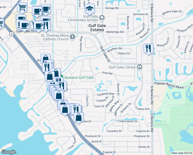map of restaurants, bars, coffee shops, grocery stores, and more near 2444 Post Road in Sarasota