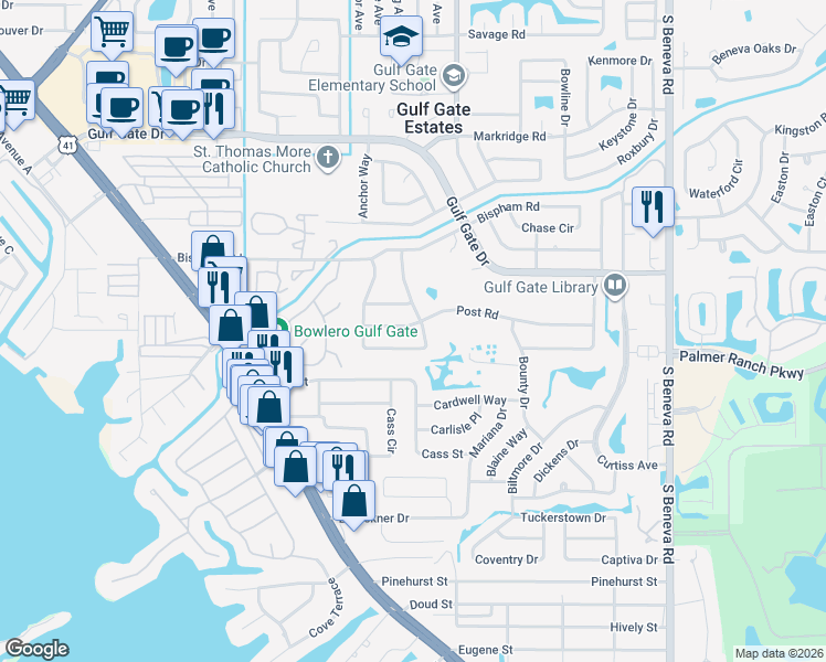 map of restaurants, bars, coffee shops, grocery stores, and more near 2444 Post Road in Sarasota