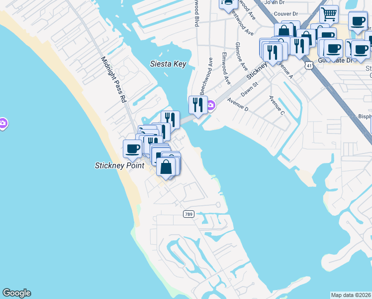 map of restaurants, bars, coffee shops, grocery stores, and more near 6539 Peacock Road in Sarasota