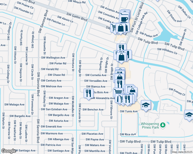 map of restaurants, bars, coffee shops, grocery stores, and more near 1010 Southwest Cornelia Avenue in Port St. Lucie