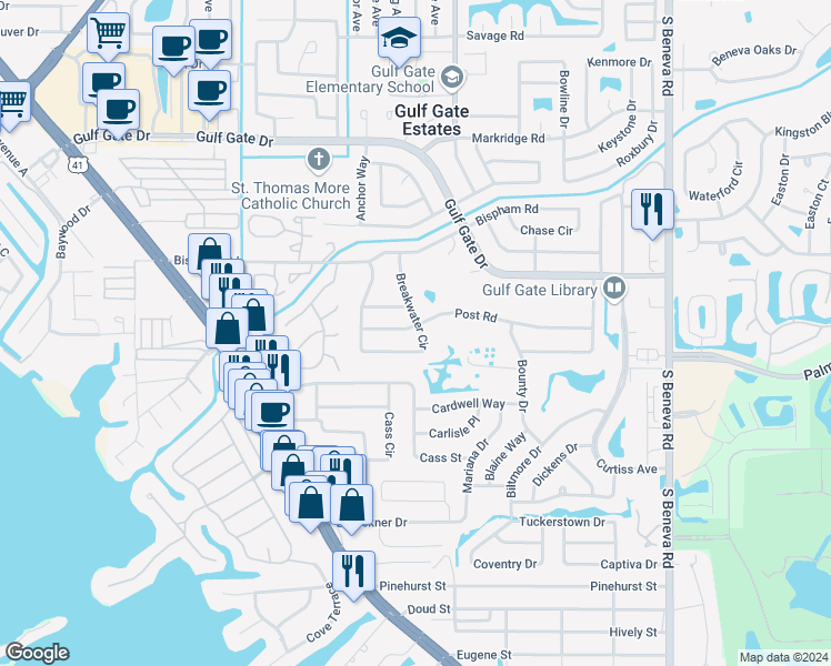 map of restaurants, bars, coffee shops, grocery stores, and more near 2444 Post Road in Sarasota