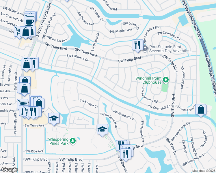 map of restaurants, bars, coffee shops, grocery stores, and more near 511 Southwest College Park Road in Port St. Lucie