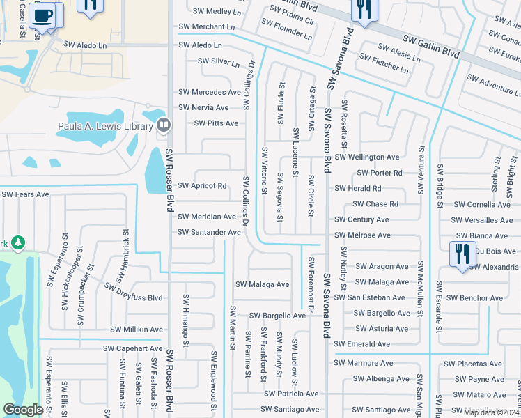 map of restaurants, bars, coffee shops, grocery stores, and more near 3062 Southwest Vittorio Street in Port St. Lucie