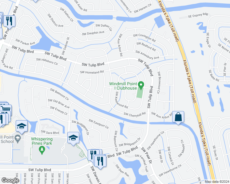 map of restaurants, bars, coffee shops, grocery stores, and more near 309 Southwest Kentwood Road in Port Saint Lucie