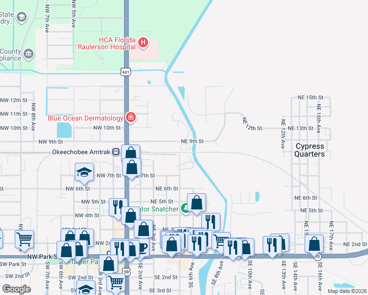 map of restaurants, bars, coffee shops, grocery stores, and more near 514 Northeast 9th Street in Okeechobee