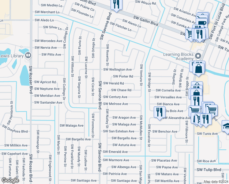 map of restaurants, bars, coffee shops, grocery stores, and more near 1298 Southwest Chase Road in Port St. Lucie