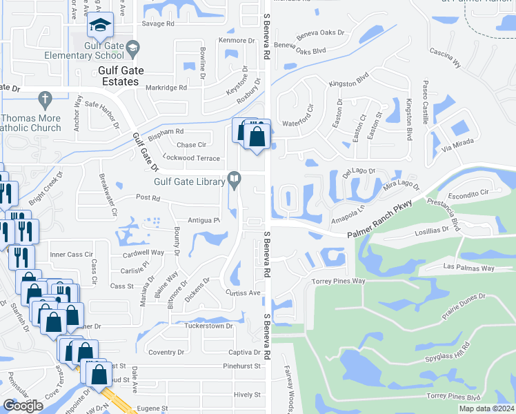 map of restaurants, bars, coffee shops, grocery stores, and more near 7130 South Beneva Road in Sarasota