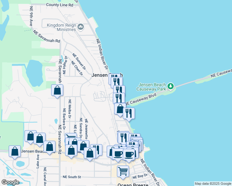 map of restaurants, bars, coffee shops, grocery stores, and more near 4301 Northeast Indian River Drive in Jensen Beach