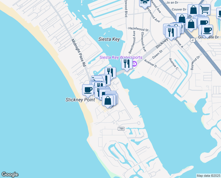 map of restaurants, bars, coffee shops, grocery stores, and more near 1266 Old Stickney Point Road in Sarasota