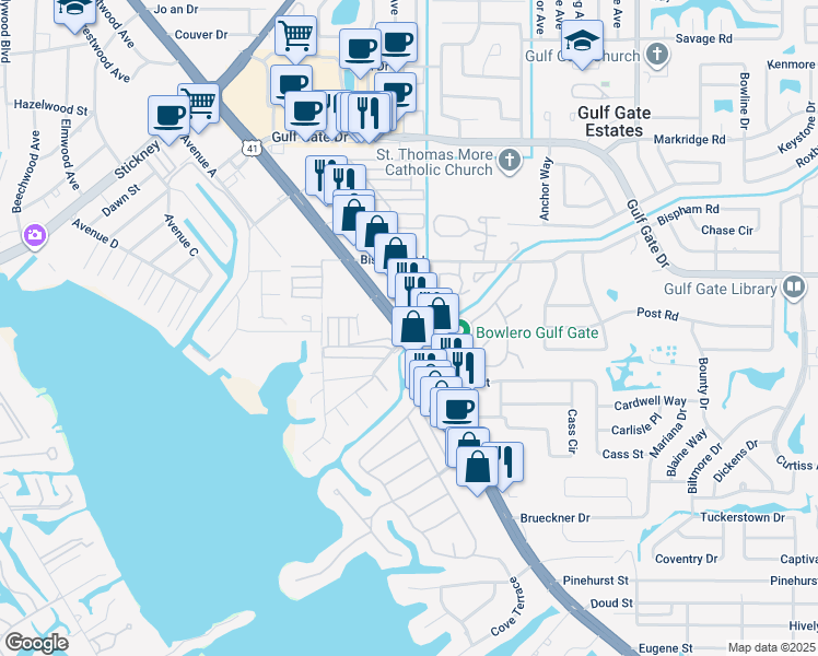 map of restaurants, bars, coffee shops, grocery stores, and more near 7123 South Tamiami Trail in Sarasota