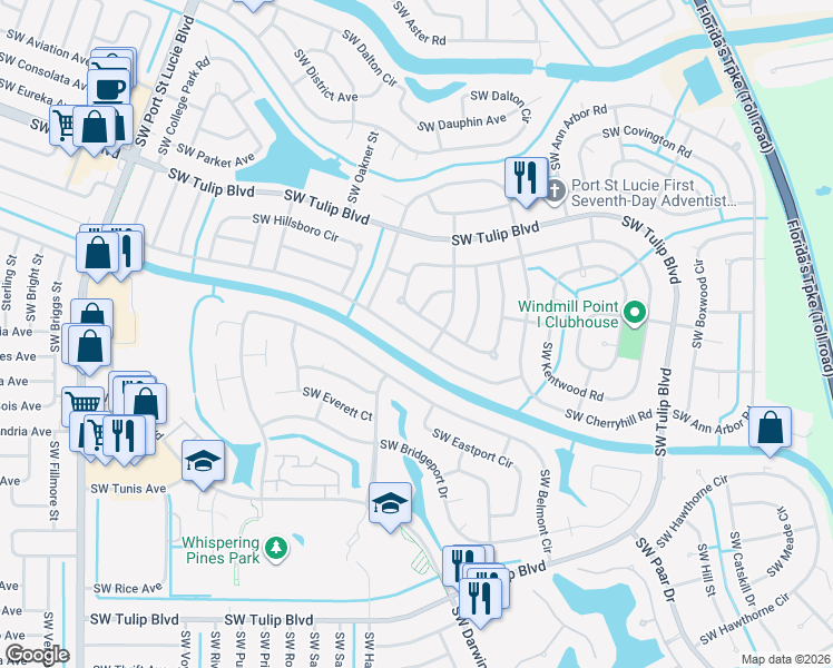 map of restaurants, bars, coffee shops, grocery stores, and more near 511 Southwest College Park Road in Port St. Lucie