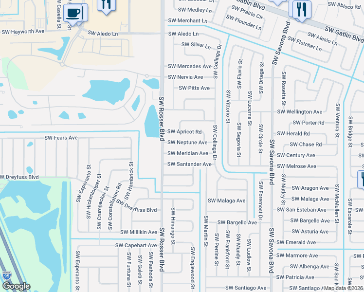map of restaurants, bars, coffee shops, grocery stores, and more near 1649 Southwest Meridian Avenue in Port St. Lucie