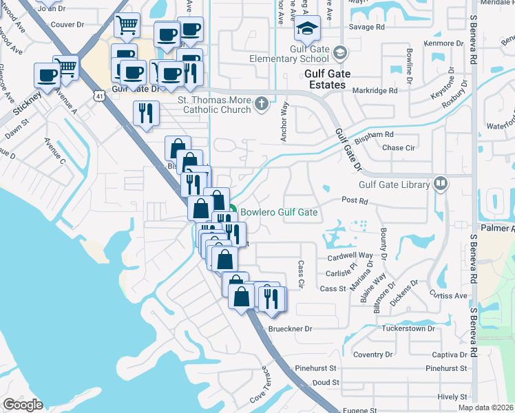 map of restaurants, bars, coffee shops, grocery stores, and more near 7172 Grey Squirrel Boulevard in Sarasota