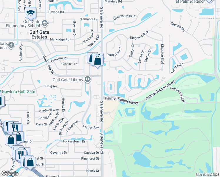 map of restaurants, bars, coffee shops, grocery stores, and more near 7176 Rue De Palisades in Sarasota