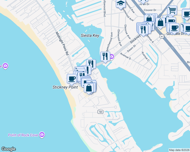 map of restaurants, bars, coffee shops, grocery stores, and more near 6524 Peacock Road in Sarasota